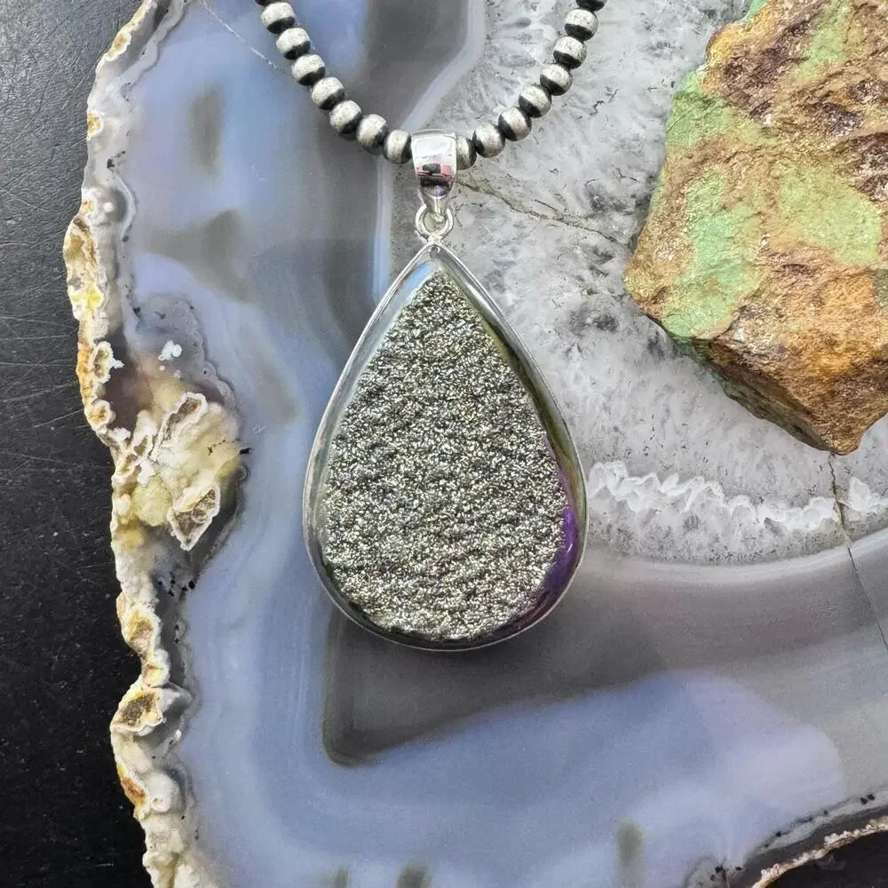 Sterling Silver Large Teardrop Druzy Quartz Double Sided Fashion Pendant